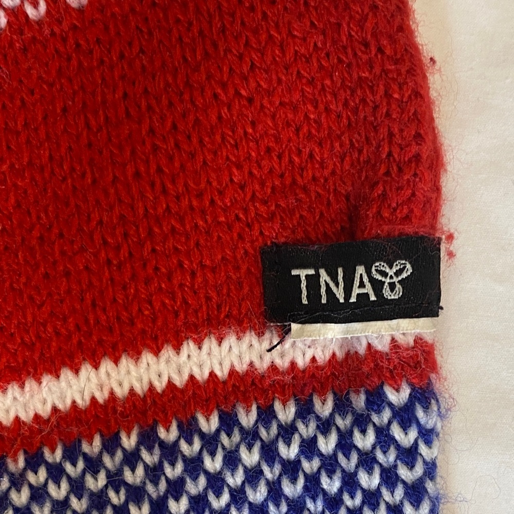 TNA Aritzia Red White Blue Logo Knit‎ Scarf Fringe OS - Picture 7 of 9
